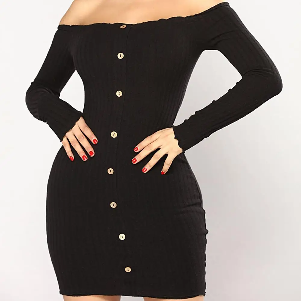 

New Autumn Sexy Slim Dress Women Solid Color Off Shoulder Long Sleeve Sexy Slash Neck Bodycon Dresses Mini Party Dress Vestidos
