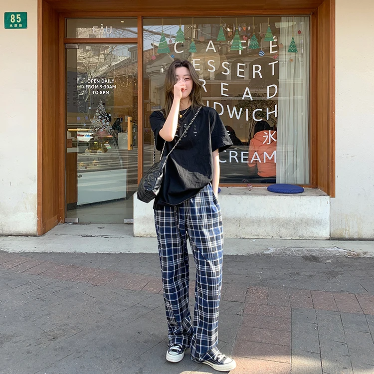 

SML 2021 Spring Summer High Elastic Waist straight trousers female Thin casual Plaid pants female (F4259)