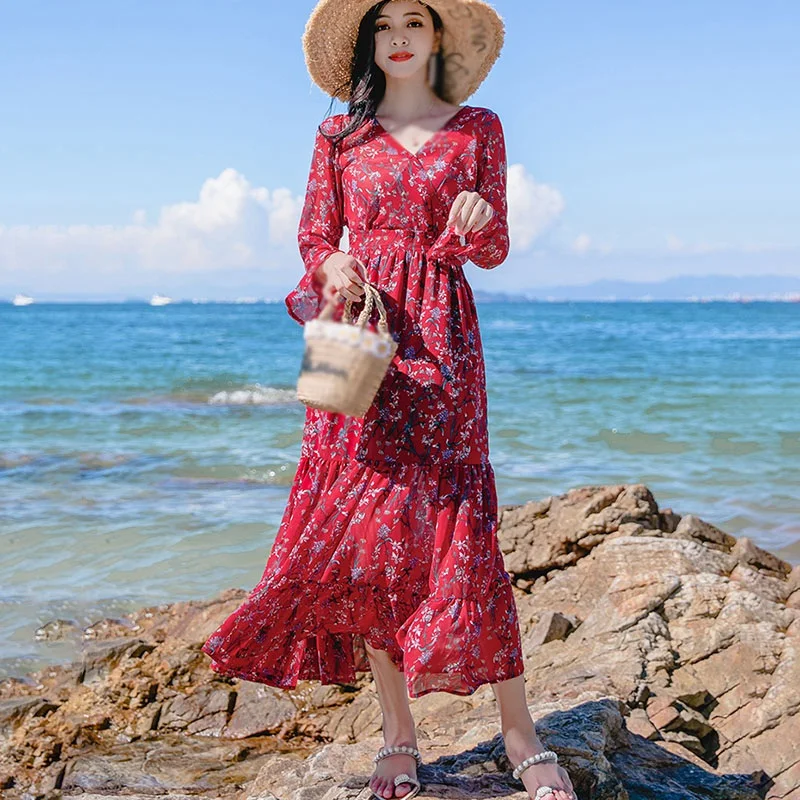 

Women Long Sleeve Chiffon Dress Elegant Floral Print V-neck Long Dress Spring Autumn Ladies High Waist Dress