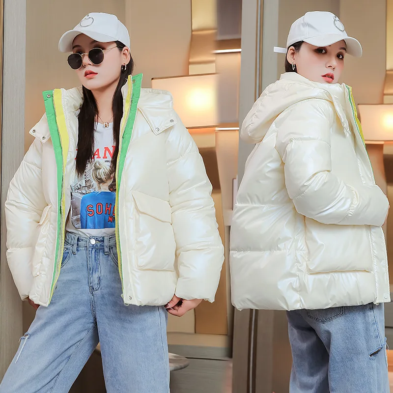 2021 New Short Winter Jacket Women Glossy Down Cotton Coat Fashion Color Contrast Loose Hooded Padded Women Winter Jacket Parkas