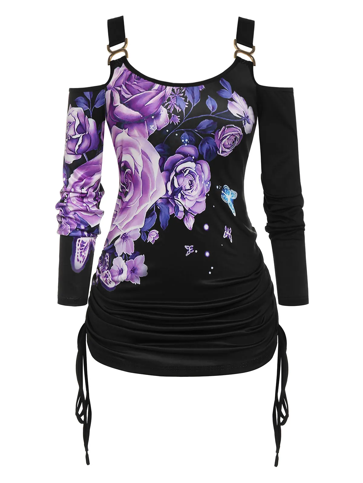 

Wome Plus Size Drawing Slash Neck Adjustable Spaghetti Strap Cold Shoulder Cinched Floral Print Tee Shirts Tank Top Blouse