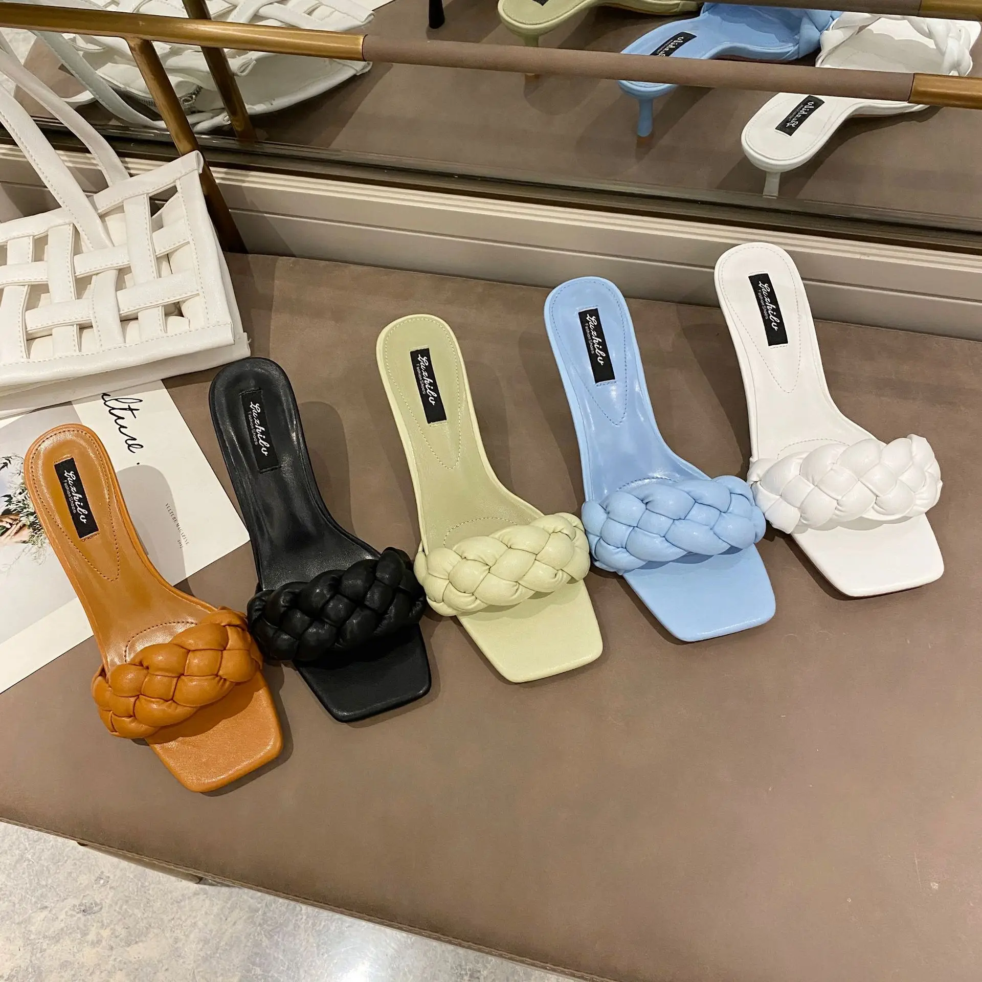 Корейские дизайнерские слиперы женские Кожаные плетеные босоножки на высоком