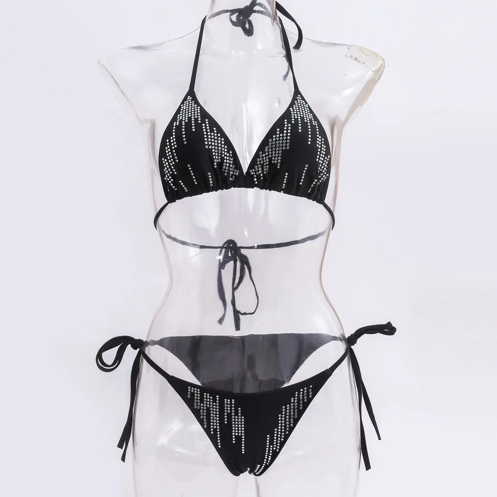 Women's Bikini Sexy Bead-emblazoned Lace Up Bathing Suit 2020 Summer Fashion High Leg Two Piece Halter Maillot De Bain |