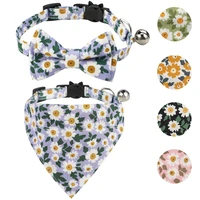summer floral cat collar with bell daisy pattern pet kitten necklace accessories adjustable safe breakaway clasp puppy bow tie
