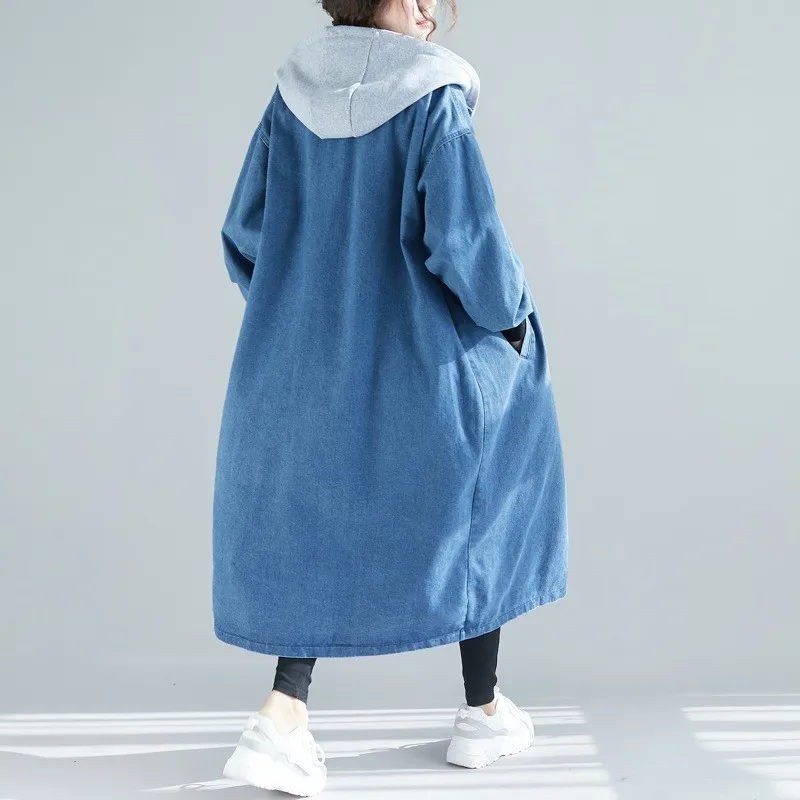 

Fall Plus Size Long Denim Windbreaker Coats Women 2020 Spring Autumn Women's Hooded Casual Denim Trench Coat g637