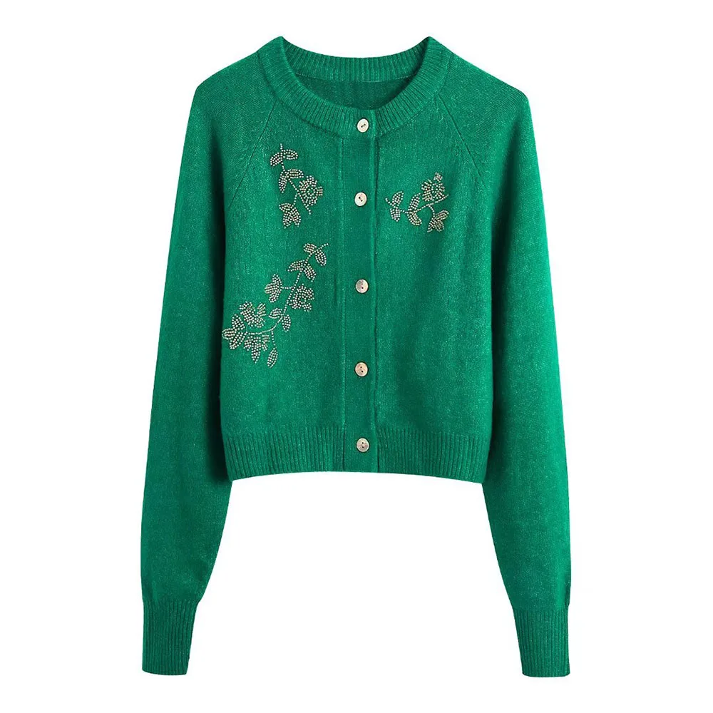 

Женский трикотажный кардиган в стиле ретро, белый изысканный вязаный кардиган на пуговицах с круглым вырезом и бисером, пальто, весна-осень ...