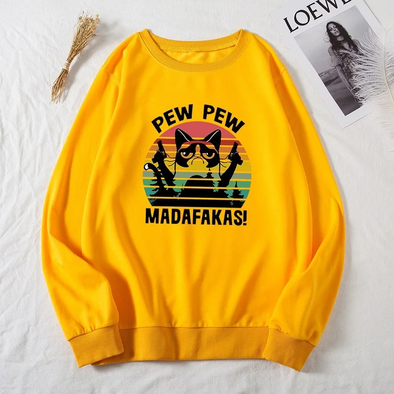 

Women Autumn Pullover Long Sleeve Letter Cat Rainbow Print Female Casual Sweatshirts Ladies Regular Fashion O-Neck Hoodless Tops