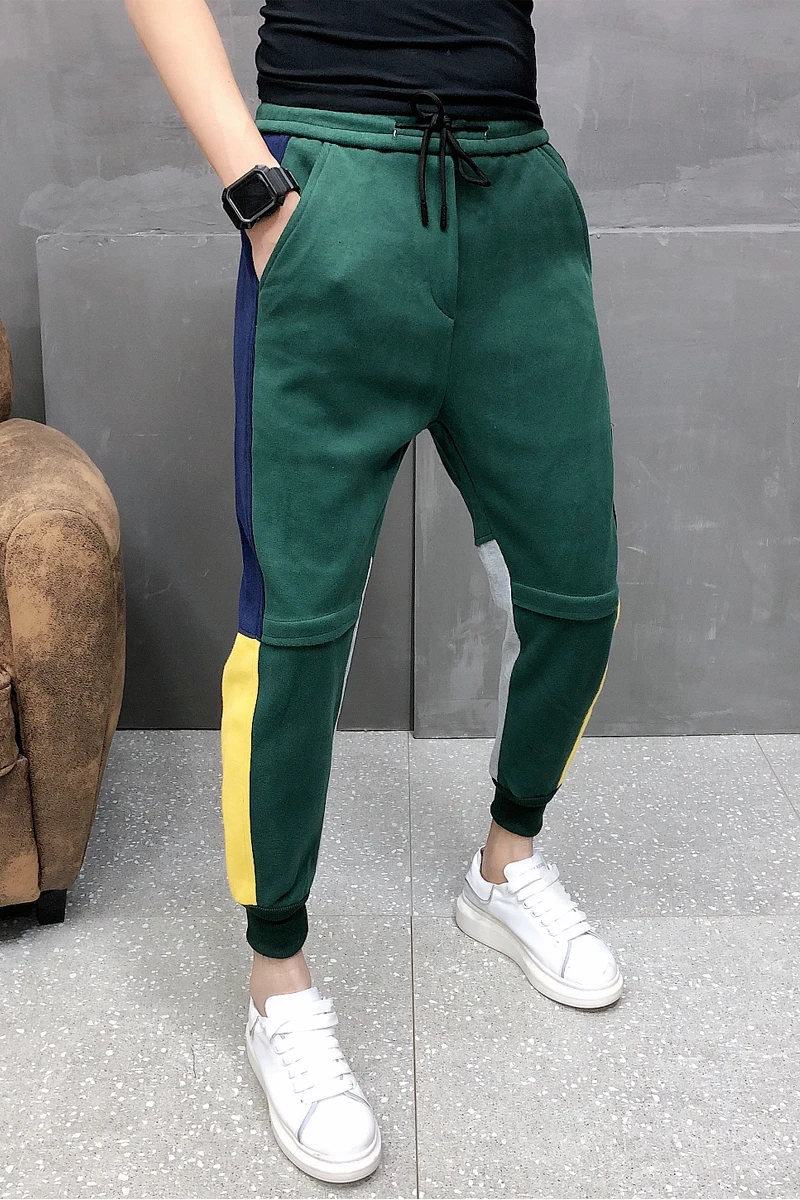 

28-36Fashion guy drawstring drawstring pants men plus velvet warm color matching casual pants elastic tights pants tide .