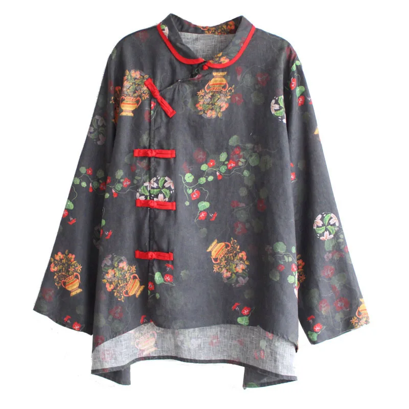 

8836New Женская весенняя одежда рубашка художественный Ретро льняной Топ с длинным рукавом с лацканами и диагональной пряжкой подходящий цвет...