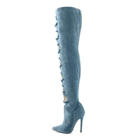 women boots thin heels high heel over the knee boots lace splicing cowboy denim boot spring autumn holed thigh boots blue shoes