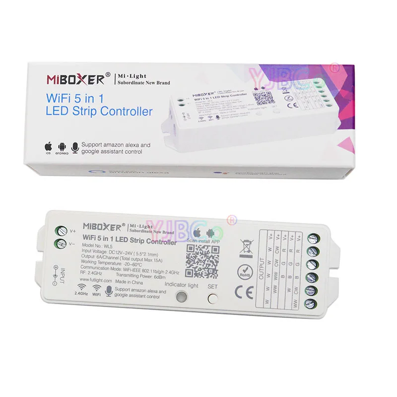 Miboxer WL5 2,4G 15A 5 в 1 WiFi светодиодный контроллер для одного цвета, CCT, RGB, RGBW, RGB+ CCT светодиодный полосы, поддержка Amazon Alexa Voice