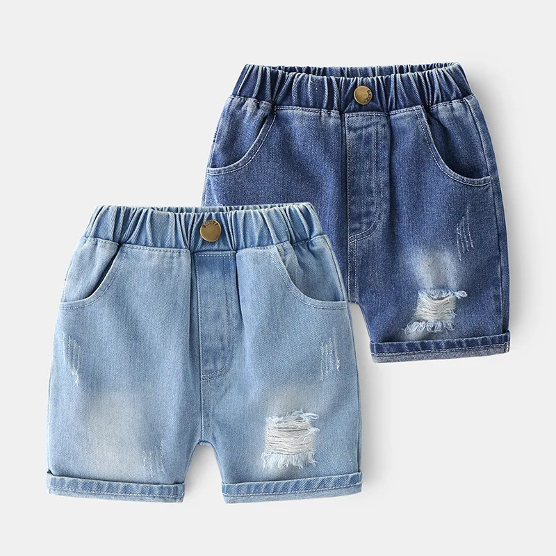 

New Kids Summer Denim Shorts Baby Boys Fashion Solid Ripped Denim Shorts Children Casual Elastic Mid Waist Jeans Short Pants