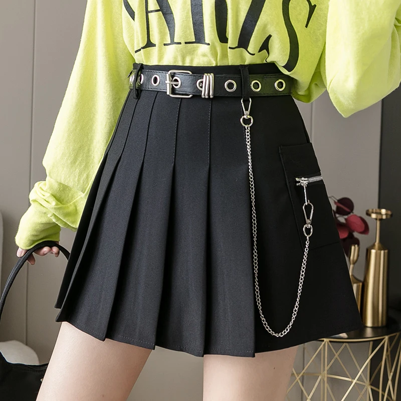 

2021 Black Mini Skirt Women Punk Gothic High Waist Goth Harajuku Skirts Cute School Girl Preppy Style Pleated Skirt With Belt