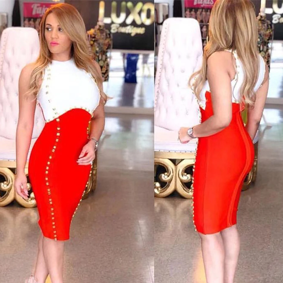 Summer new 2021 hot elegant beaded decoration sexy red stitching tight bandage dress women's celebrity party | Женская одежда