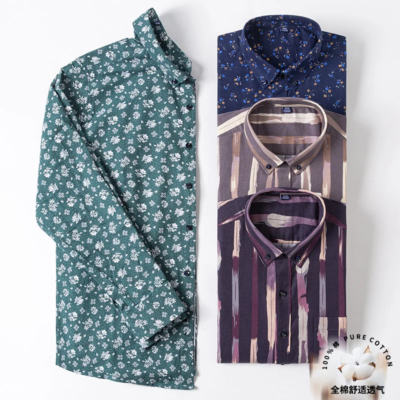 Print Cotton Oxford Shirts for Men Floral Long Sleeve Plus Size 7xl Man Casual Shirts Regular Fit with Front Pocket  Autumn New