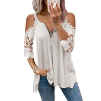 women blouse lace half sleeve women blouse v neck skin friendly zipper hollow out summer blouse pullover top casual t shirt