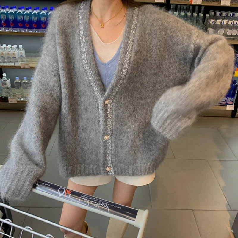 

Soft Sweater Women Winter Thickened 2021 New Sweet Loose Outwear V-neck White Knitted Female Cardigan Coat