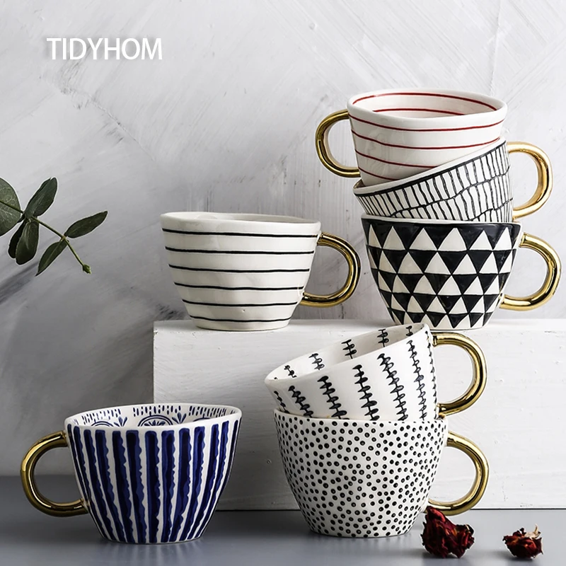 

Creative Classic Hand-Painted Pattern Breakfast Milk Coffee Juice Ceramic Mug With Handle Home Office Simple Feng Shui Cup