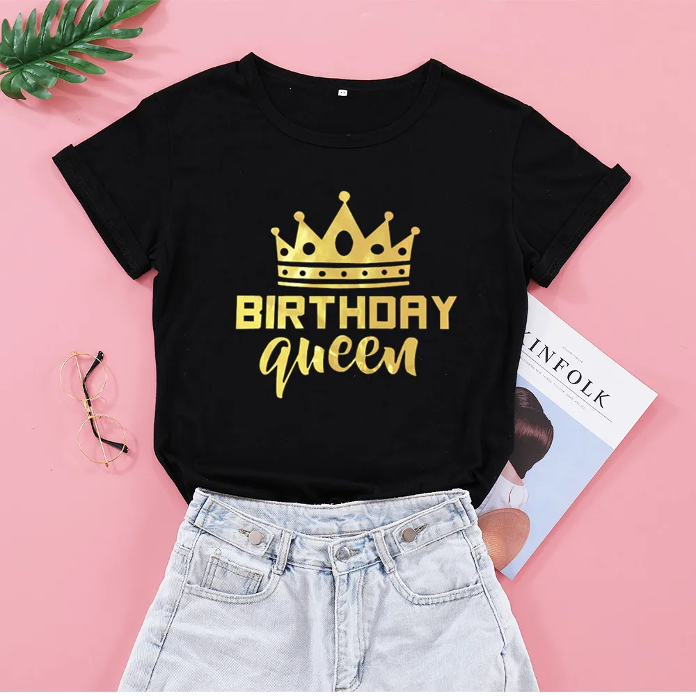 

Birthday Queen Team Party T Shirt Fahsion Gold Print Cotton Women T-shirt Short Sleeve Top Tees Plus Size Round Neck Girl Shirts