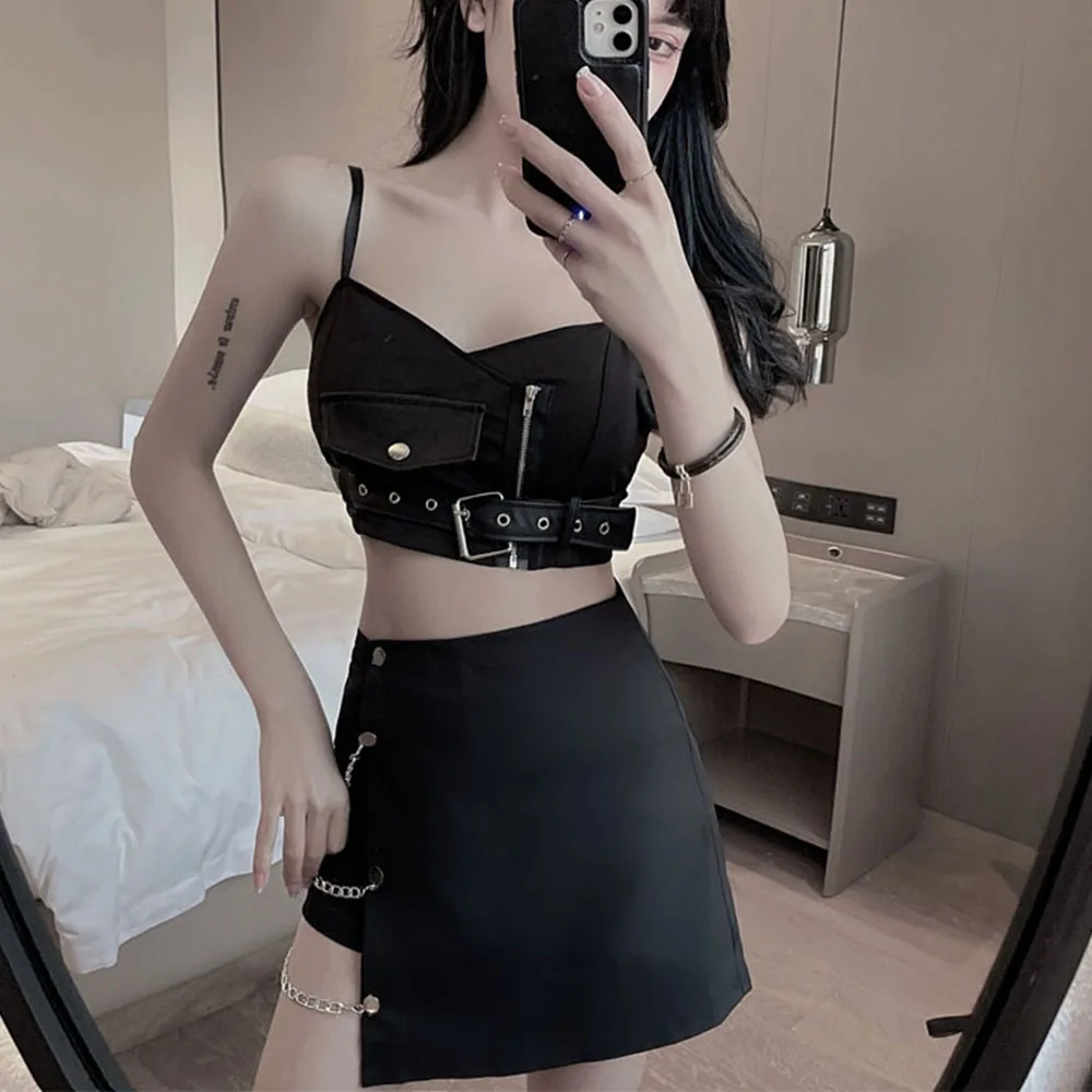 

High Street Skirt Fashion Hipster Designer Creative Casual Thin Simple Solid Color Chain High Waist Irregular