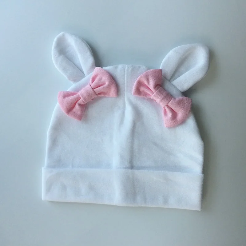 white pink bow Шапка для маленьких девочек, шапка с заячьими ушами для девочек, хлопковая детская шапка с бантом, детские шапки для малышей, милые детские шапки с рисунками - Цвет: white pink bow