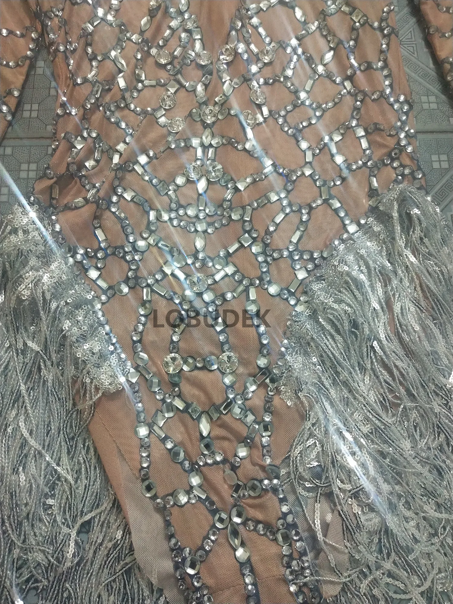 Sexy Stage Performance Shiny Rhinestones Fringes Nude Mesh Elastic Bodysuit Bar Nightclub Women Singer Dance Team DJ DS Costume