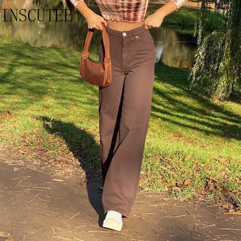 

Inscutee Cottagecore Y2k 90s Straight Pants Women Streetwear Caramel Brown High Waist Joggers E-girl Casual Harajuku Trousers
