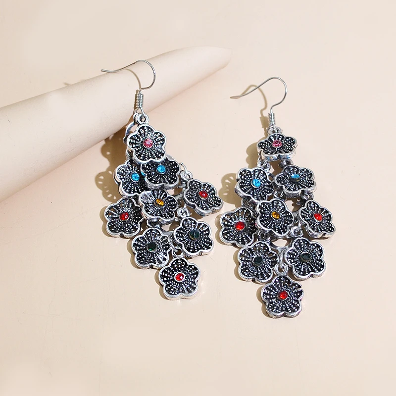 

Ethnic Vintage Multilayer Hollow Flower Drop Earrings For Women Boho Long Silver Color Tassel Earring Female Party Jewelry