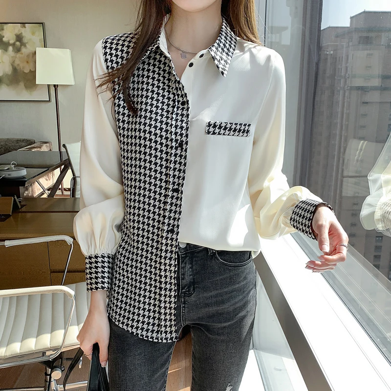 Women Tops and Blouses Turn-down Collar Spring Autumn Plaid Long Sleeve Patchwork Houndstooth Loose Korean Female Shirt 2021