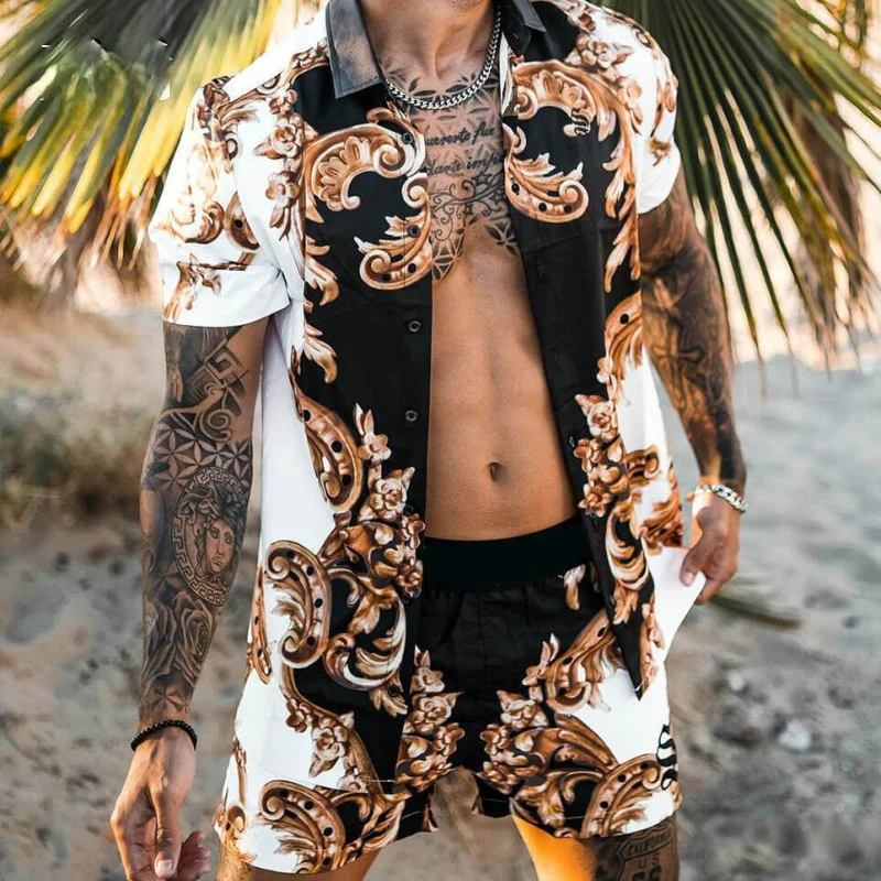 

Men Clothing 2021 Summer Loose Short Sleeve Shirt + Casual Shorts Set Men's 2-Piece Set