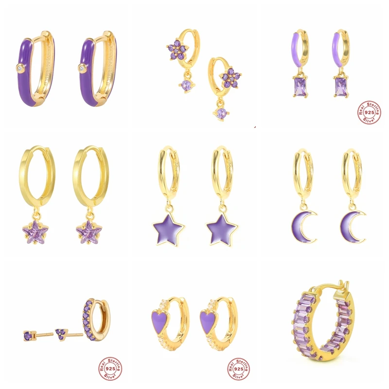 

Pendientes Plata Silver Purple Star Moon Earrings Trend Piercing Gold Drop Earrings Woman Jewelry Boucle Oreille 2021 silver