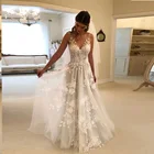 Белое свадебное платье с V-образным вырезом и аппликацией, фатиновое дизайнерское длинное платье невесты до пола с открытой спиной, 2020