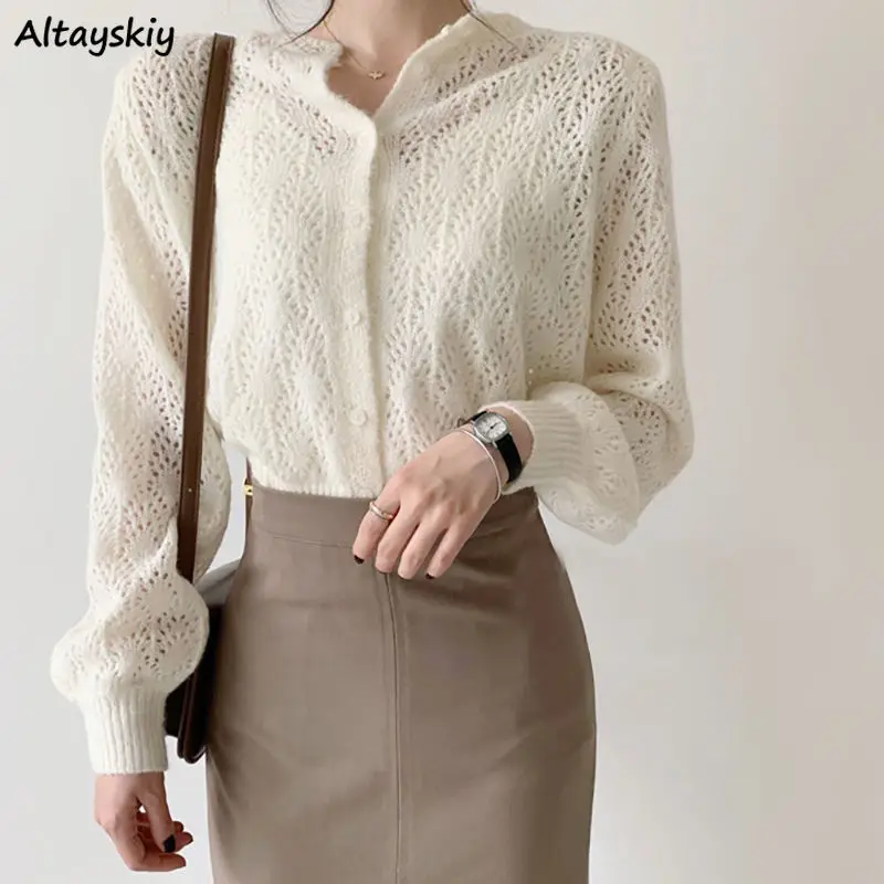 

Cardigan Women Harajuku Sweet Preppy Girls Hollow Out Sweater Loose Simple Solid All-match Casual Office Lady Long Sleeve Chic