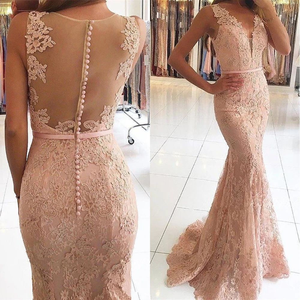 

Floor-Length Formal Dresses Illusion Prom Party Gown Lace Evening Dress V-Neck Applique NONE Train Sleeveless Custom Plus Size