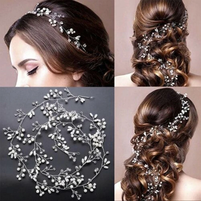 1pcs Charm Bead Hair Piece Floral Pearl Headband Tiara Bride Head Jewelry Rhinestones Long Accessories For Wedding | Украшения и
