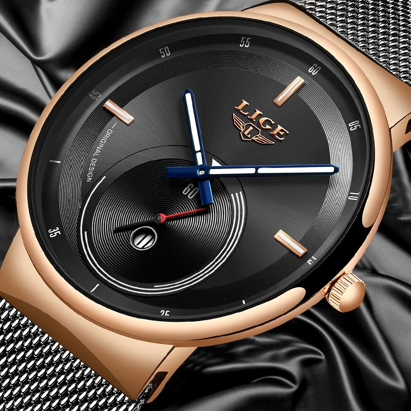 LIGE ультра тонкие черные кварцевые часы из нержавеющей стали Мужские Простые