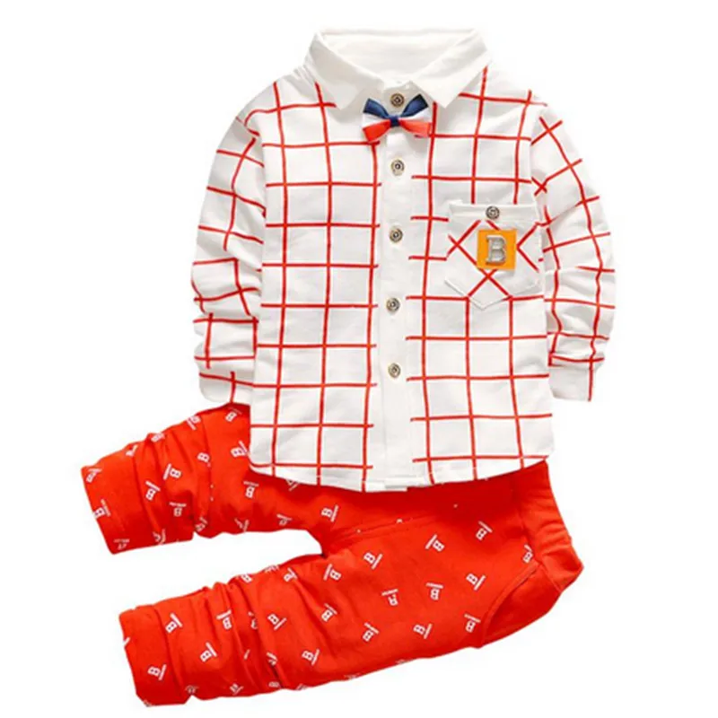 Boys Set Autumn Plaid Long Sleeve Shirt Pants 2 Piece Letter B Gentleman Bow Children's Clothing Suit K1 |