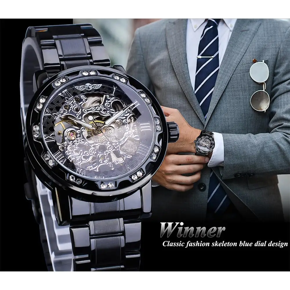 WINNER полный черный механические часы для мужчин Скелет из нержавеющей стали ремешок со стразами Алмазный Корпус Классические наручные часы Heren Horloge