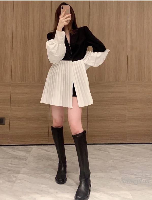 

2021 Spring Korean Style Black and White Color Suit Jacket Women's Mid-Length Pleated Blazer Coat Nancylim