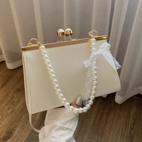 summer leather small square bag pearl clip one shoulder crossbody bag simple style handbag gentle underarm bags