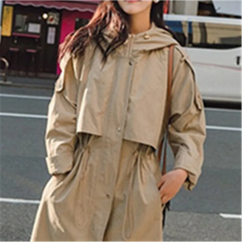 

Women Windbreaker 2021 Spring Autumn Long Hooded Zipper Adjustable Waist Trench Coat Korean Loose Khaki Ladies Overcoat H1168