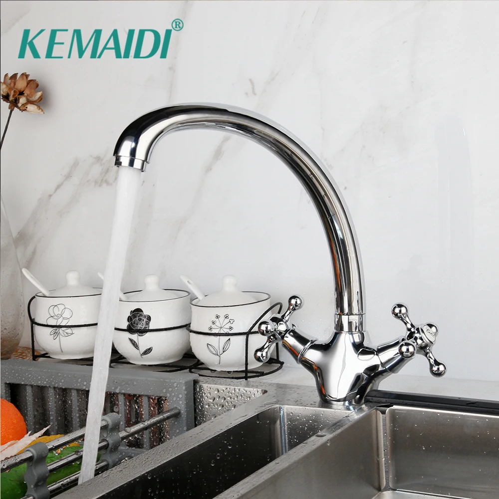 

KEMAIDI Kitchen Sink Tap Hot & Cold Water Mixer Tap 360 Swivel Stainless Steel Stream Spout Chrome Kitchen Faucet 2 Handles
