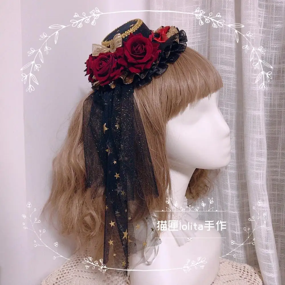 lolita Vintage Small Top hat Girl Party Cosplay Black red Star gauze Gothic rose little devil formal Gorgeous Headwear Props |