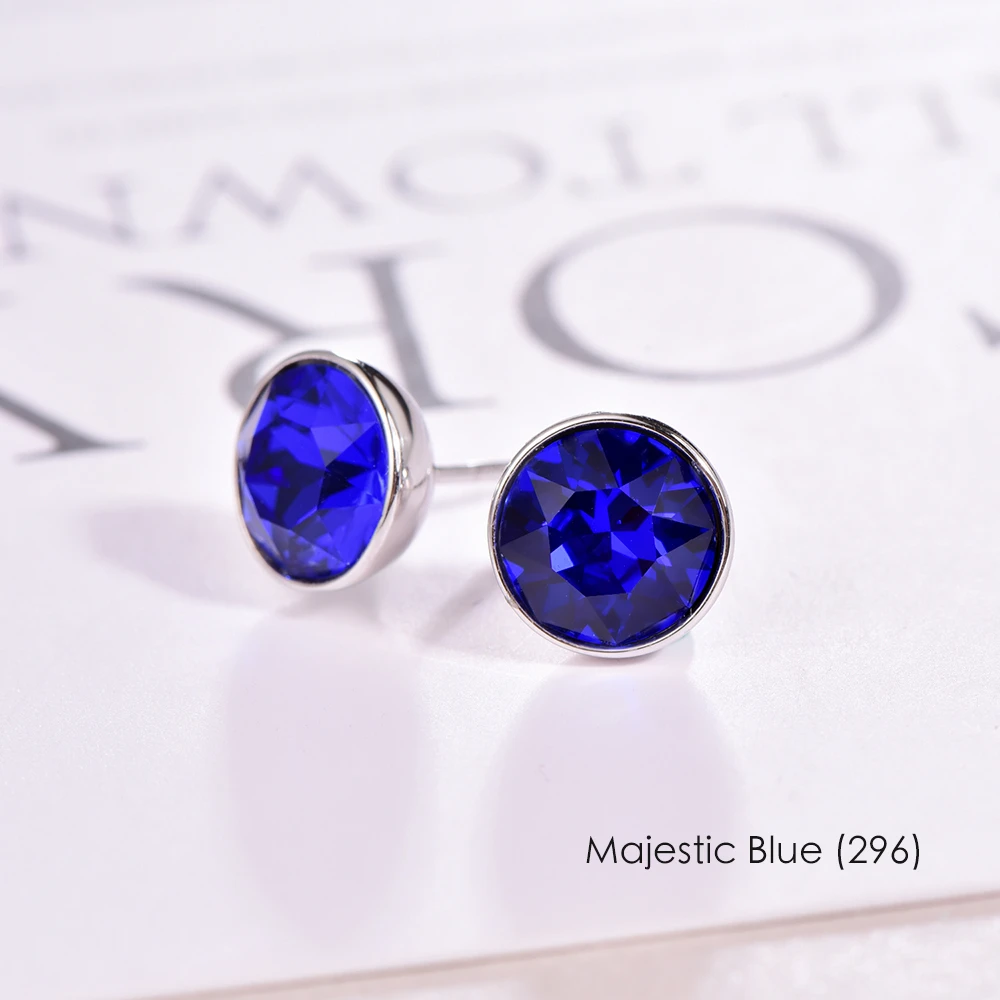 296 Majestic Blue Кристаллы из серьги с кристаллами Сваровски стерлингового серебра круглые Сережки для пирсинга для женщин стильные серьги-гвоздики Свадебные офисные украшения - Окраска металла: 296 Majestic Blue
