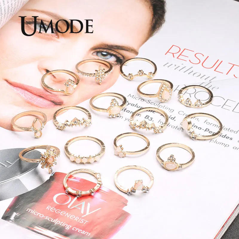 UMODE, золотые кольца для девочек, наборы, 16 шт., кольца для женщин, кольца с камнем в виде капли, кольца с короной, опал, модные ювелирные изделия, Прямая поставка, PR0221