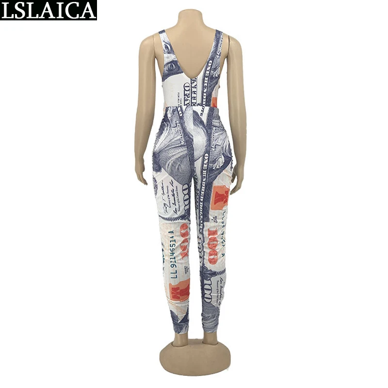 

Jumpsuit Women Dollar Print Sleeveless O Neck Bodycon Bodysuit Summer Sexy Romper Fashion One Piece Outfit Women Club Outfits