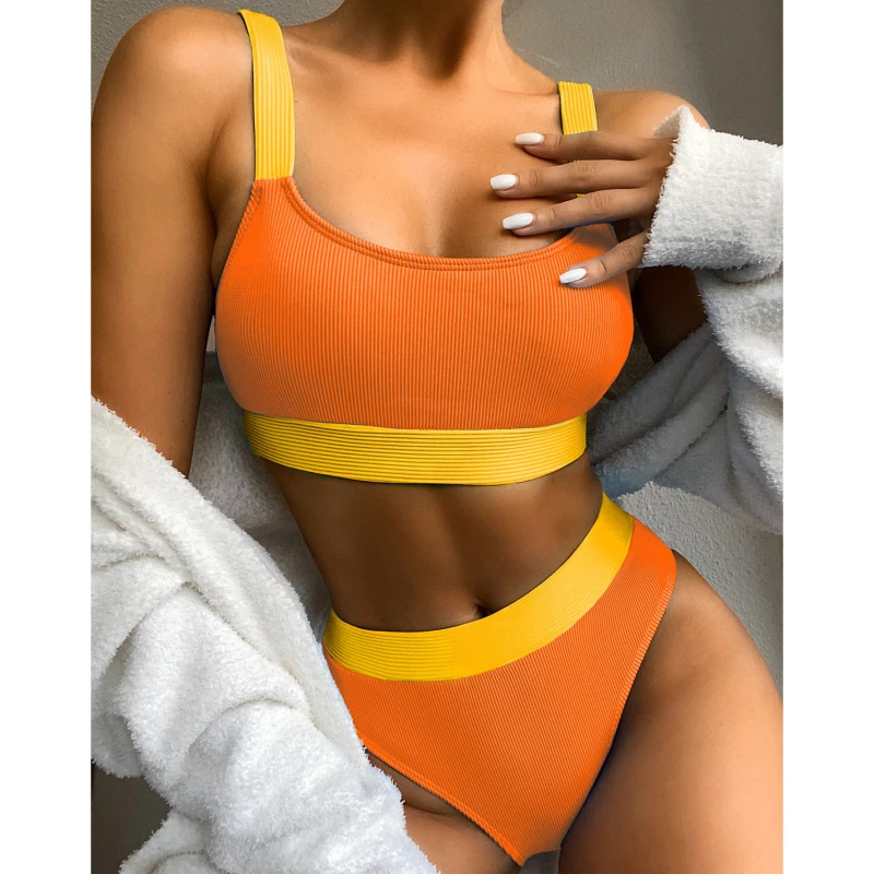 

High Waist Bikinis 2021 Swimsuits Bandeau Swimwear Women Splicing Biquini Beachwear Sports Ribbed Bathing Suits New