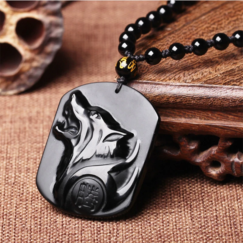 Черная обсидиан волк тотемная Подвеска Ожерелье для мужчин дикая природа