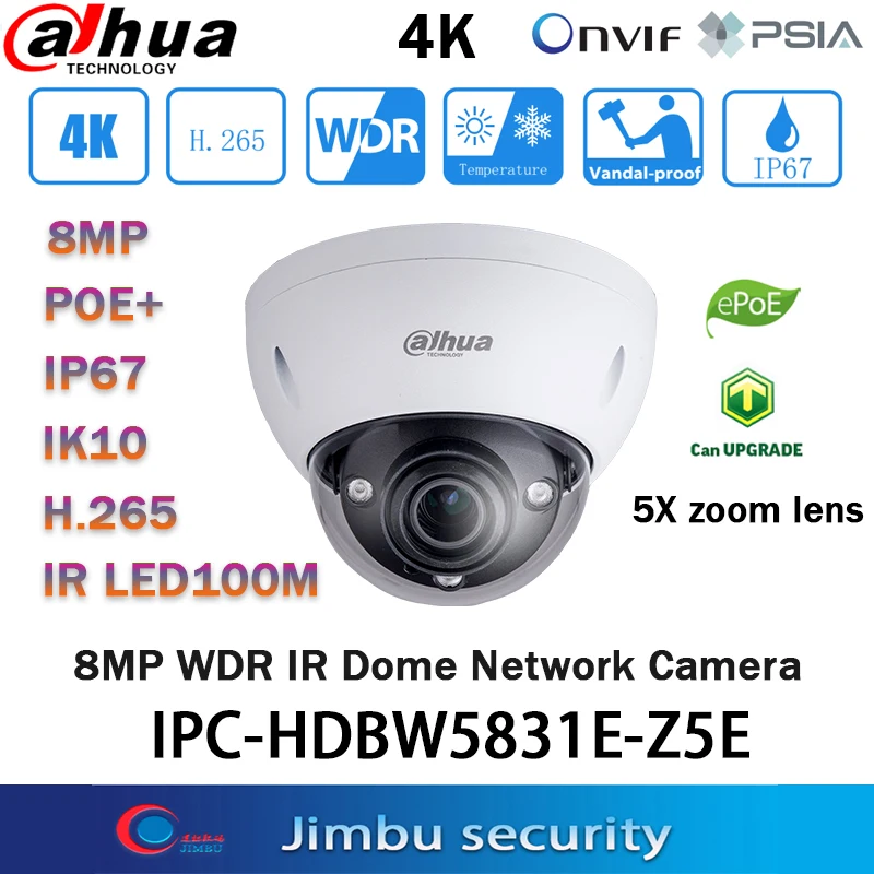 

IP-камера Dahua 4K, 8 Мп, стандартная, POE, H.265, WDR, IR100M, IP67, 5-кратный зум, SD-карта, стандартная камера, английская версия