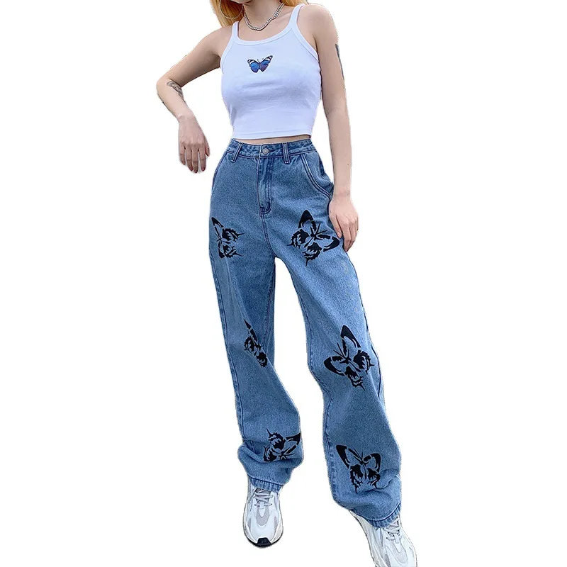 

2020 Burst Loose High Waist Thin Butterfly Print Straight Straight Jeans Women Pants Drag Trousers for Lady
